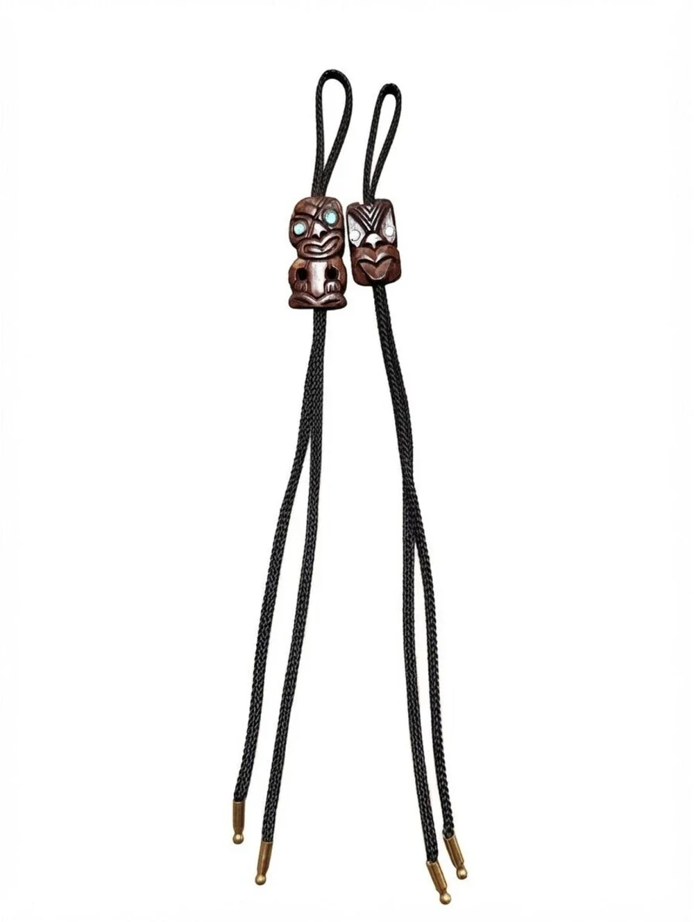 Vintage Hand-Carved Wooden Tiki Bolo Ties (Pair) from Rotorua, New Zealand